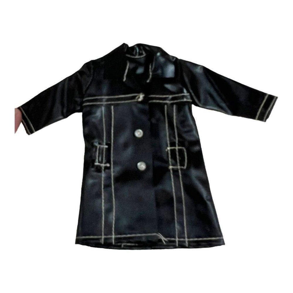 Vtg 1960s Barbie Clone Maddie MOD Black Shiny Raincoat Faux Leather Trenchcoat